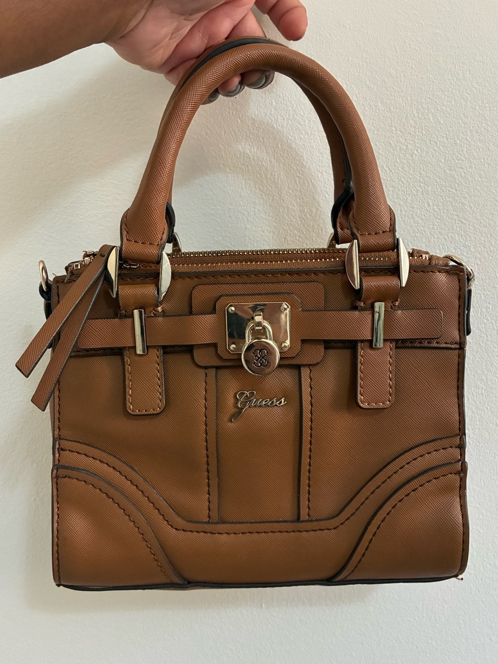 GUESS Brown Mini Satchel with Gold Hardware